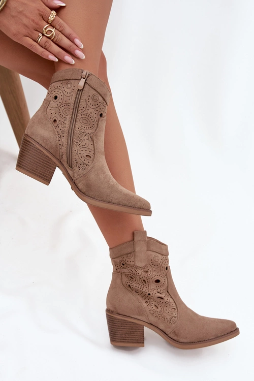 Botki Kowbojki Damskie Z Ażurowym Wzorem Beżowe Nolvina