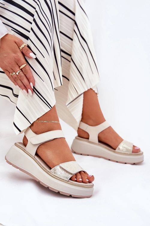 Skórzane Sandały Damskie Platformie I Koturnie Na Rzep S.Barski LR51-543 Złote