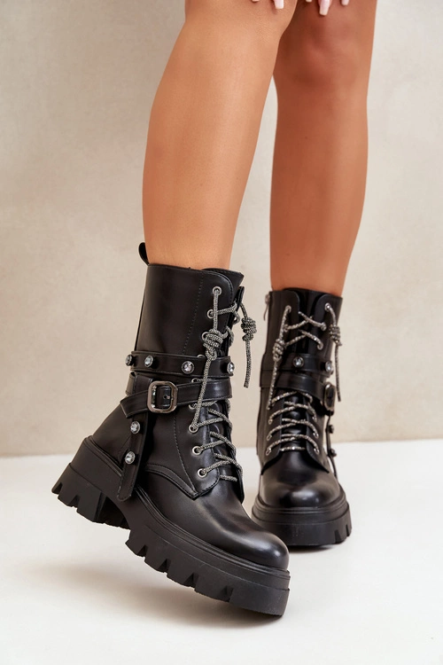 Ocieplane Botki Workery Damskie Z Paskami Czarne Berivana