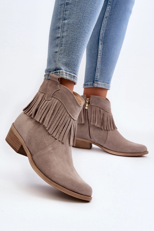 Zazoo 3430 Zamszowe Botki Damskie Z Frędzlami Cappucino