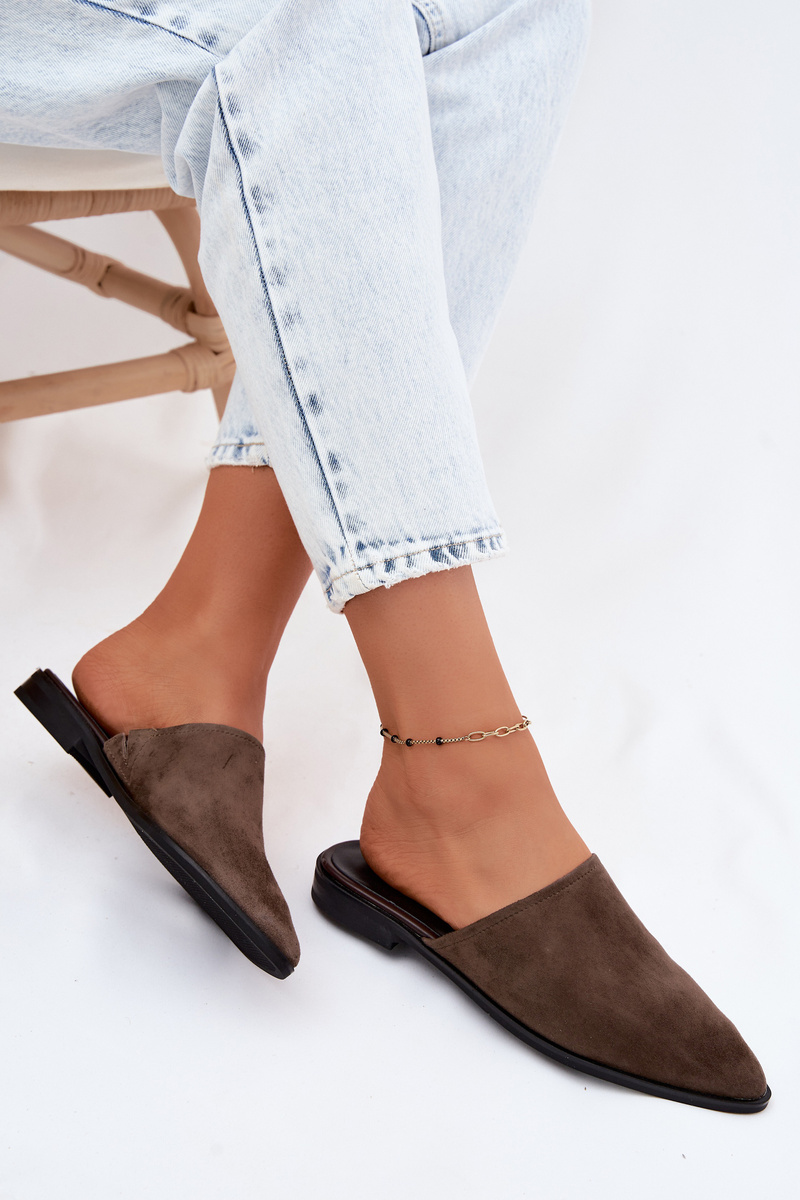 Skórzane Zamszowe Klapki Mule Damskie Płaskie D&amp;A JC61-1004 Khaki