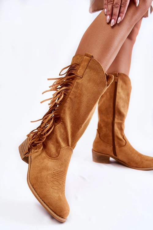 Damskie Kozaki Kowbojki Zamszowe Z Frędzlami Camel Haddy