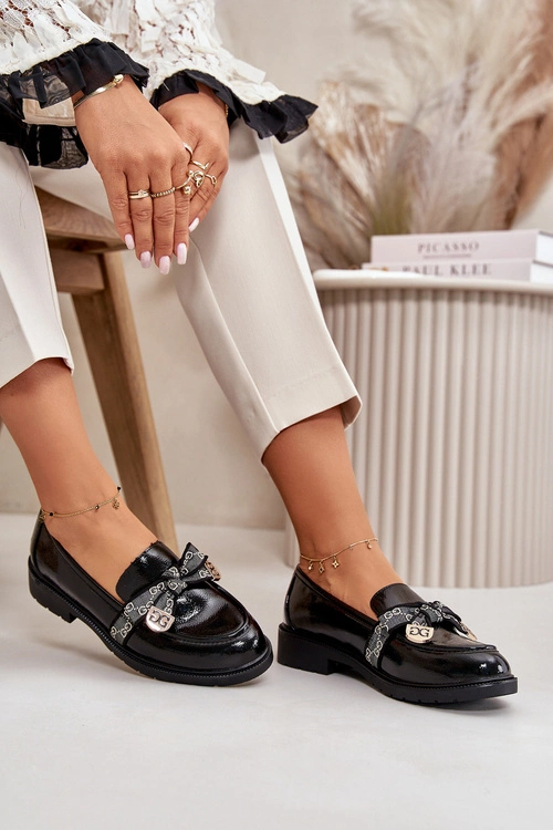 Lakierowane Damskie Mokasyny Z Kokardą S.Barski HY42-331A Czarne