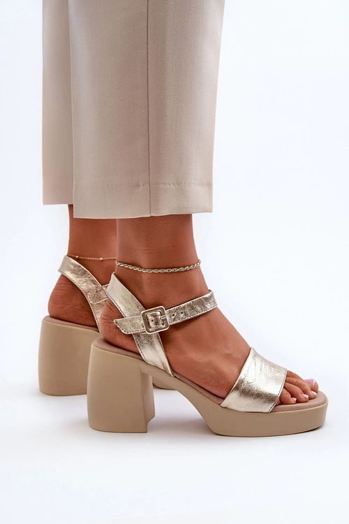 Zazoo 40386 Damskie Skórzane Sandały Na Klocku Złote