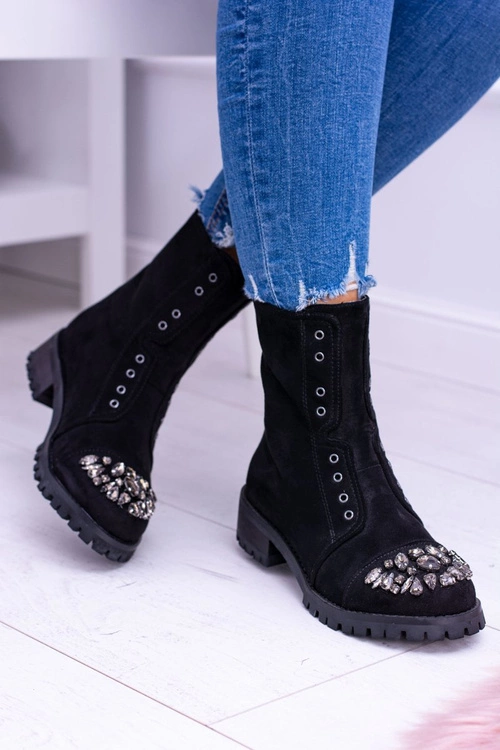 Lu Boo | Czarne Damskie Botki Za Kostkę Cyrkonie Zamsz Carrie