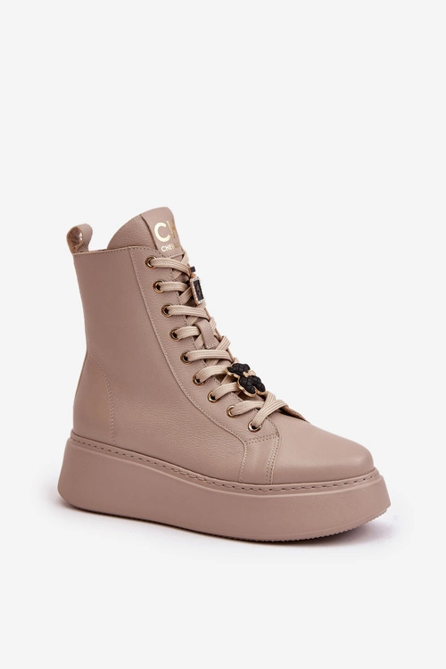 Damskie Skórzane Botki Workery Z Przypinkami Beżowe CheBello 4294