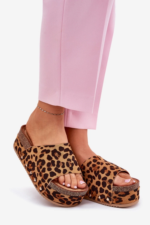 Klapki Damskie Na Masywnej Platformie Eko Zamszowe Panterka Brązowe Vinnibe