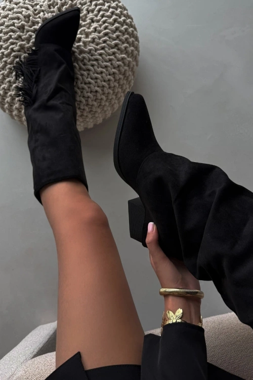 Wsuwane Kozaki Kowbojki Damskie Na Słupku Z Frędzlami Czarne Zalia