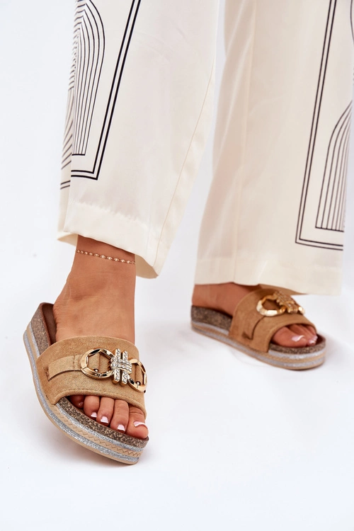 Klapki Damskie Na Platformie Z Brokatem I Złotą Ozdobą Camel Rilirea