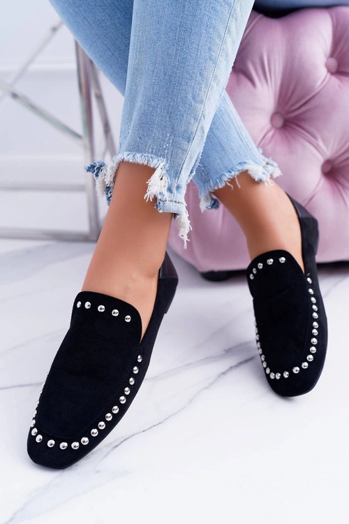 Lu Boo Damskie Czarne Lordsy Baleriny z Dżetami Planta