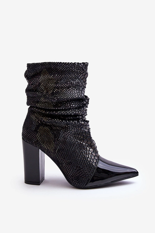 Marszczone Wężowe Botki Na Obcasie Czarne Casima