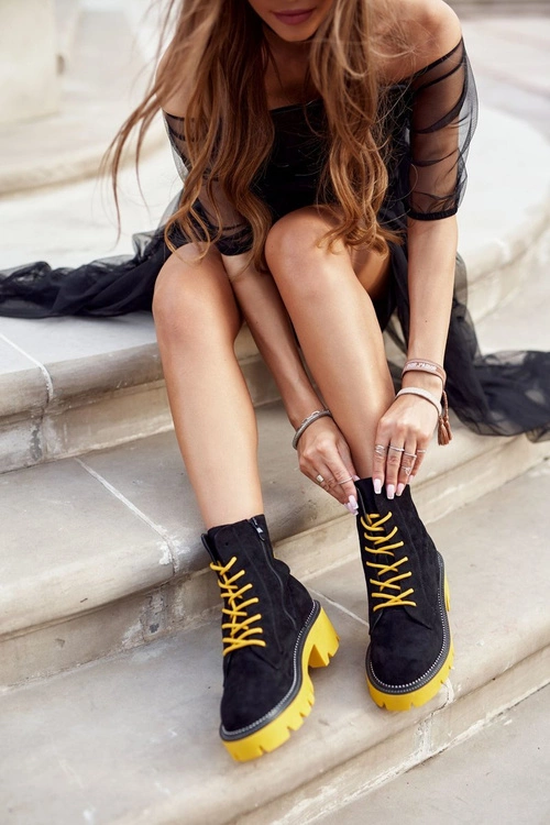 Botki Damskie Trapery Czarne Żółte Zamszowe Malawi