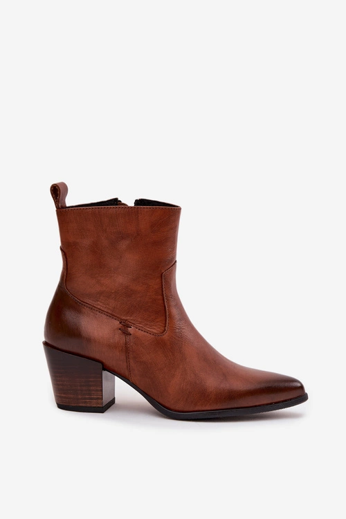 Skórzane Botki Kowbojki Damskie Na Słupku Ocieplane Zazoo 60565 Brązowe