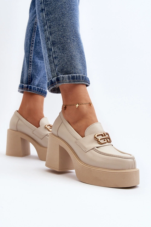 Zazoo 20170 Półbuty Skórzane Damskie Na Słupku Jasnobeżowe