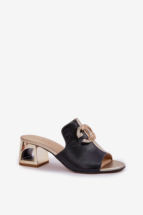 Eleganckie Skórzane Klapki Na Obcasie Laura Messi 2875 Czarno-Złote