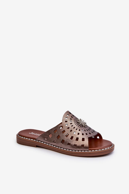 Błyszczące Klapki Damskie Na Płaskim Obcasie Z Ozdobą Miedziane Ebirena