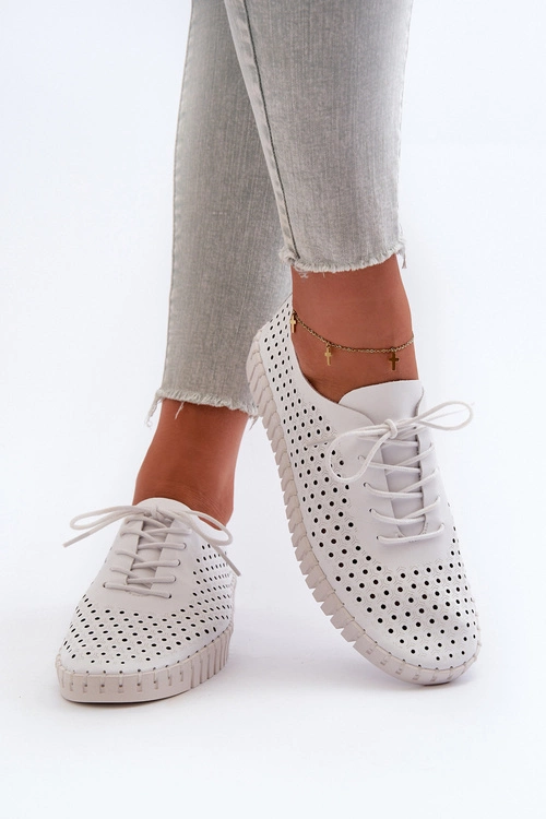 Skórzane Damskie Trampki Z Ażurowym Wzorem Białe Ilvima