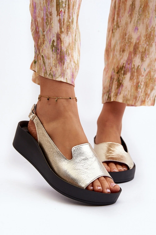 Zazoo 2893 Sandały Damskie Skórzane na Grubej Podeszwie Złote