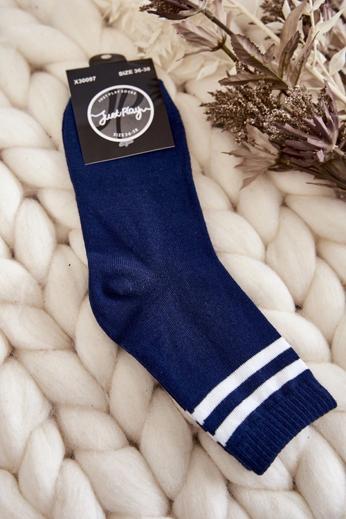 Damskie Bawełniane Skarpety Sportowe Z Paskami Granatowe
