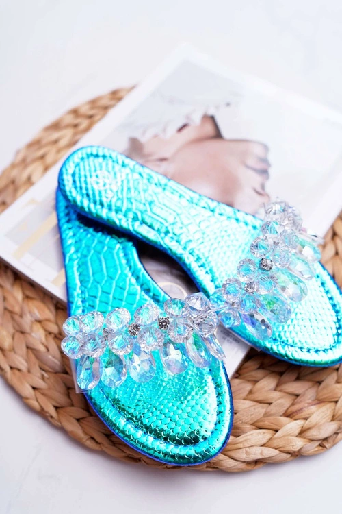 Damskie Klapki Z Cyrkoniami Lu Boo Benzynowe Niebieskie Mediana