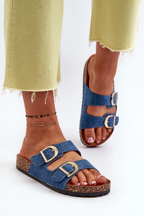 Jeansowe Damskie Klapki Na Korkowej Platformie Z Paskami Ciemnoniebieskie Doretta