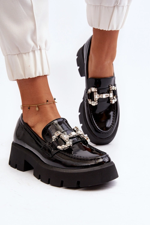 Damskie Lakierowane Mokasyny Z Ozdobą Czarne Arsaba