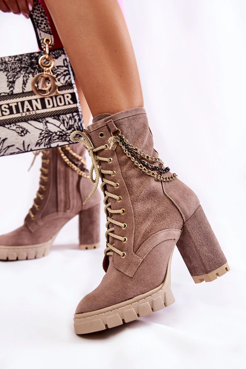 Zamszowe Botki Sznurowane Lewski Shoes 3244/G Beżowe