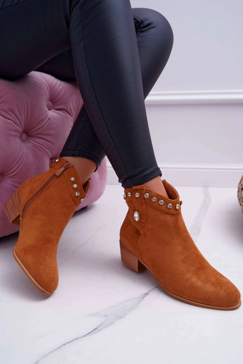 Botki Damskie Płaski Obcas Kowbojki Z Cyrkoniami Camel Patti
