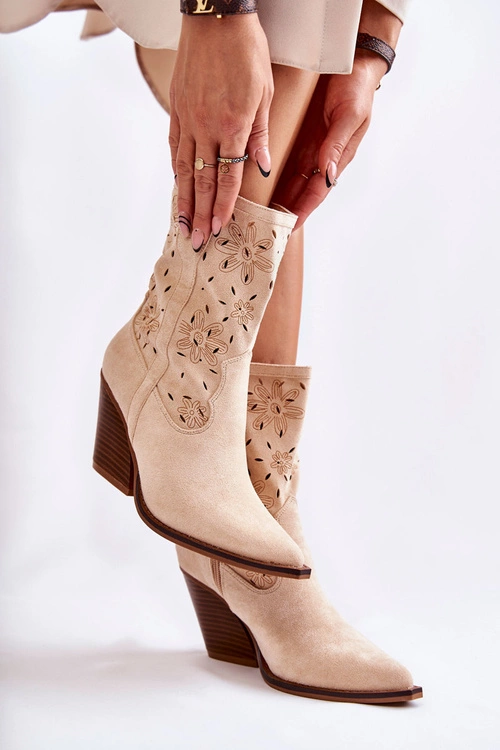 Modne Zamszowe Botki Kowbojki W Kwiaty Beżowe Coralie
