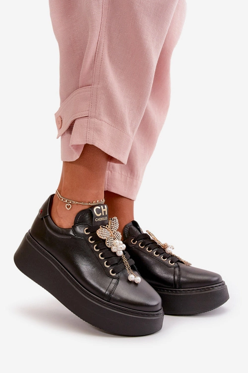 Damskie Skórzane Sneakersy Na Platformie Z Motylem CheBello 4585 Czarne