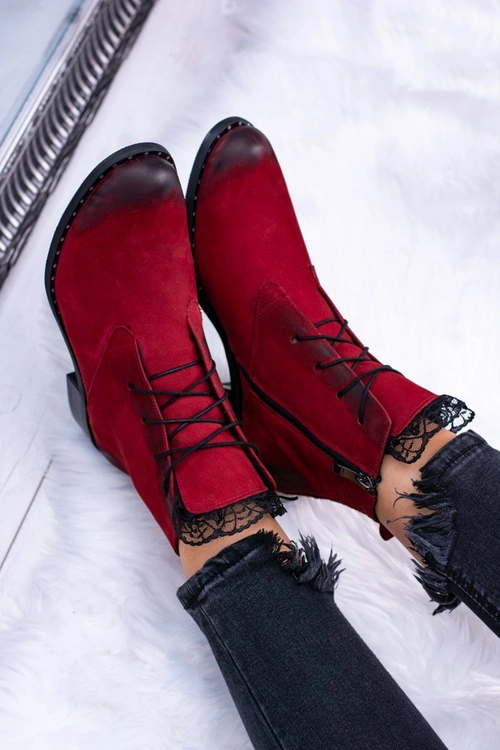 Skórzane Czerwone Damskie Botki Z Koronką Millano