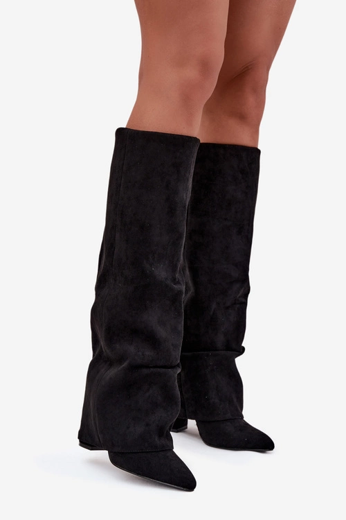 Ocieplane Kozaki Damskie Z Wywiniętą Cholewką Na Słupku Eko Zamszowe Czarne Elivira