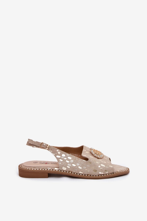 Skórzane Sandały Z Ozdobą Na Płaskim Obcasie S.Barski KV51-096 Złote