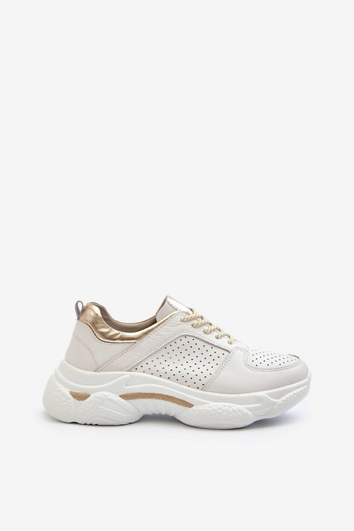 Skórzane Sneakersy Damskie Na Grubej Podeszwie Biało-Złote Dzumati