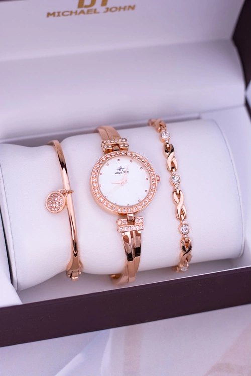 Zestaw Michael John Damski Zegarek Z Cyrkoniami Dwie Bransolety Różowe Złoto