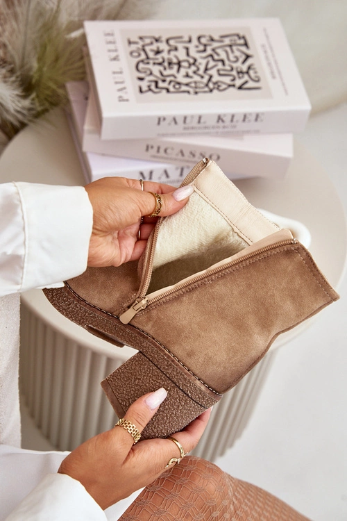 Botki Damskie Na Słupku Ocieplane Eko Zamszowe Beżowe Arkesia