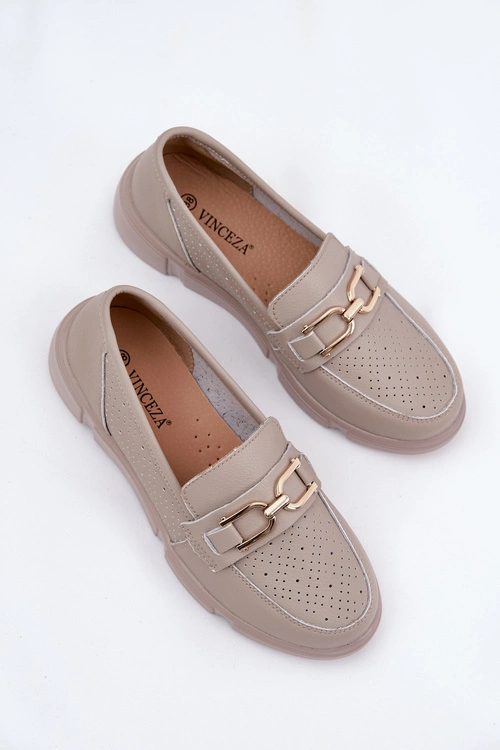 Mokasyny Damskie Skórzane Ze Złotym Detalem Vinceza 88007 Ciemnobeżowe