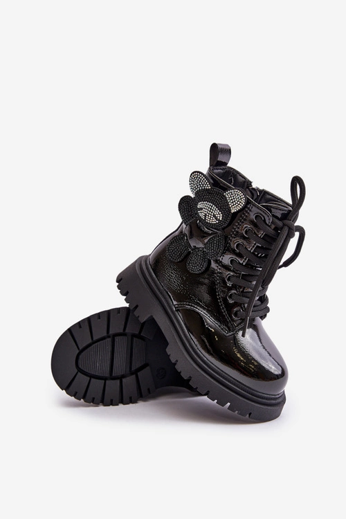 Ocieplane Botki Dziewczęce Z Misiem Na Zamek Lakierowane Czarne Relobia