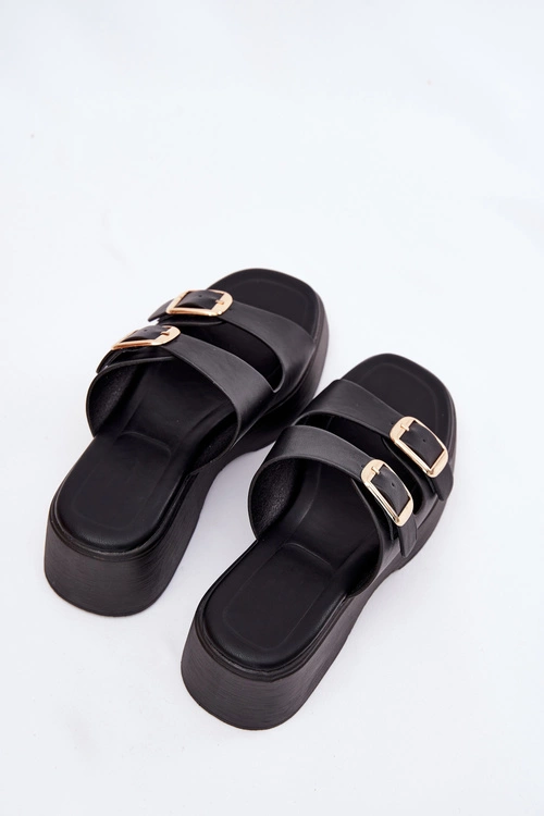 Klapki Damskie Na Koturnie I Platformie Z Klamrami Czarne Nitarelia