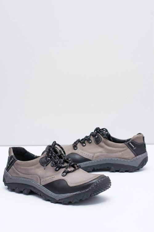Męskie Skórzane Szare Półbuty Trekkingowe Gretin