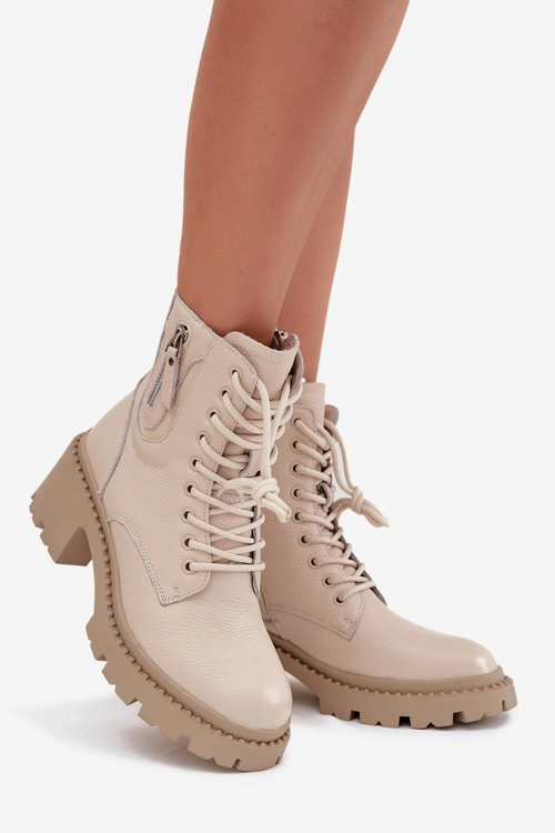 Skórzane Botki Damskie Na Klocku Ocieplane Vinceza 86418 Beżowe