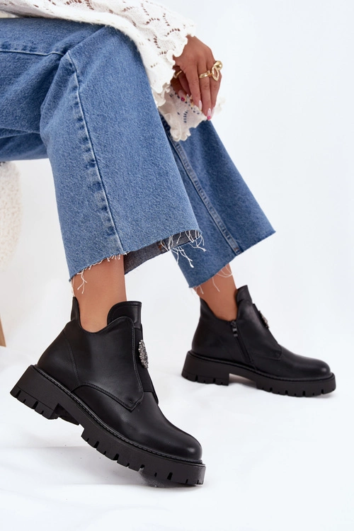 Ocieplane Niskie Botki Damskie Z Ozdobą Na Zamek Czarne Lavira