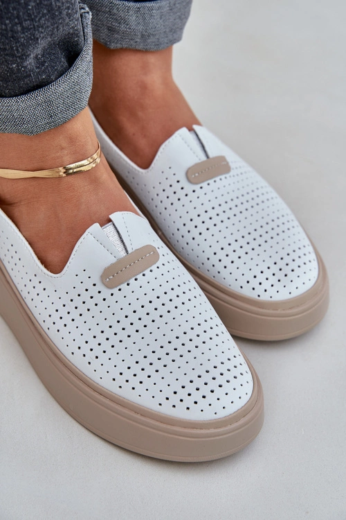 Lekkie Ażurowe Skórzane Mokasyny Półbuty Damskie Na Platformie I Koturnie Białe Hanthiel
