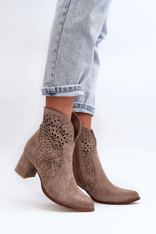 Zazoo 3166/P Damskie Ażurowe Botki Na Obcasie Zamszowe Beżowe
