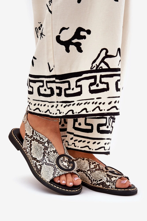 Płaskie Sandały Z Ozdobą Wężowy Wzór Beżowo-Brązowe Haliones