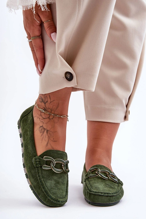 Damskie Zamszowe Mokasyny Na Płaskiej Podeszwie Zielone Appia