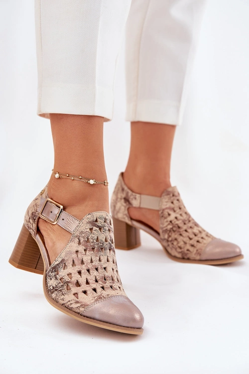 Damskie Skórzane Ażurowe Botki Maciejka 04962-43 Beżowo-Złote