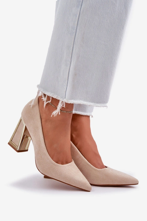 Eleganckie Czółenka Na Słupku Szpiczaste Noski Beżowe Falseki