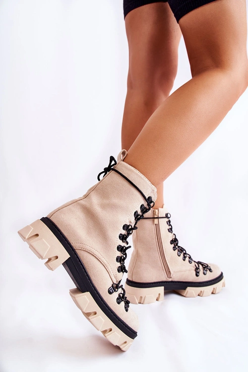 Ocieplane Zamszowe Botki Workery Wiązane Beżowe Pierro