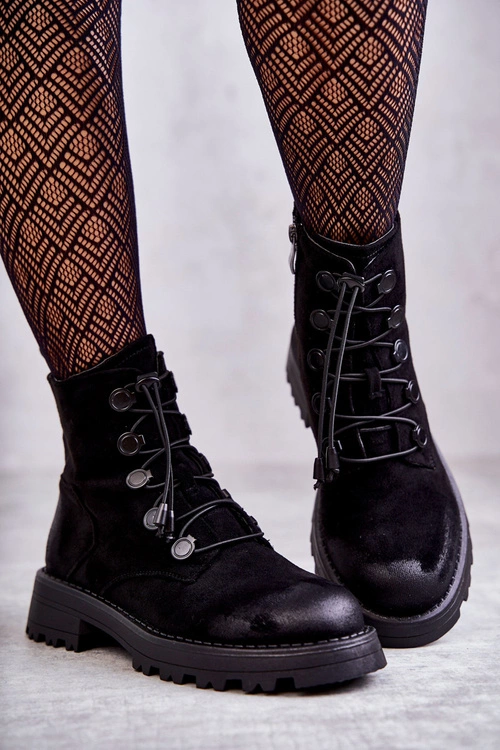 Damskie Zamszowe Ocieplane Botki Ze Ściągaczem Czarne Helia